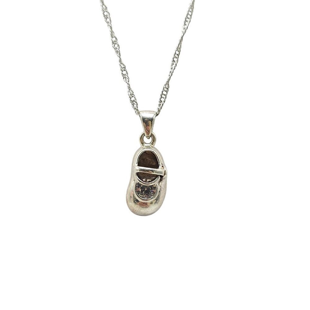 Silver Tone Baby Shoe Pendant Necklace Clear Rhinestone Twisted Rope Chain 18 In